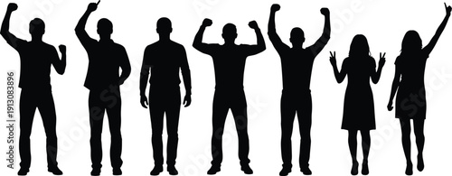 Cheering people silhouettes group celebrating success victory teamwork happy crowd standing raising hands isolated on white background - flat vector illustration