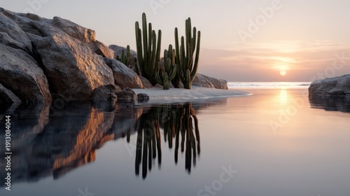 Tall columnar cacti stand on a sandy shore beside calm water reflecting a pastel sunset sky