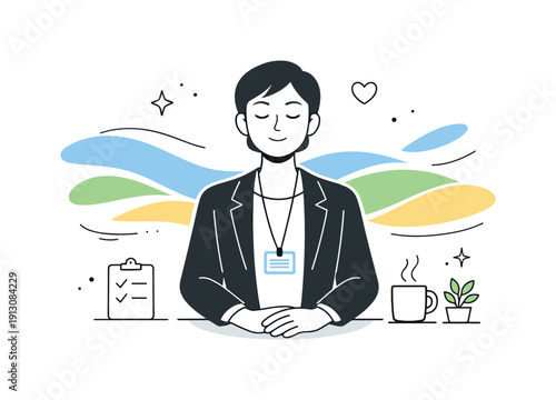    Emotional resilience at work. A professional taking a quiet pause with eyes closed, abstract waves settling around them, symbolizing coping