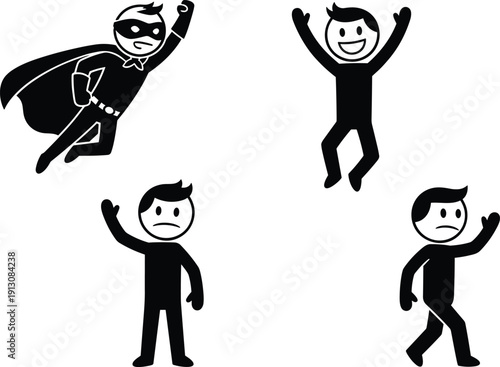 Cartoon superhero and character emotions set happy sad flying poses vector illustration isolated on white background - flat vector illustration