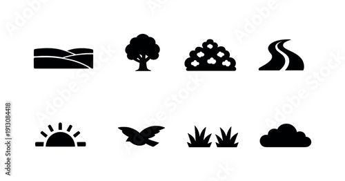   Minimal spring countryside. Filled icon set of Minimal spring countryside: field horizon,