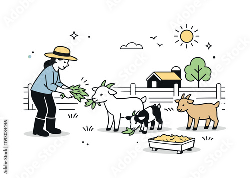 Rural lifestyle scene. A simple editorial illustration of feeding goats in a fenced area, expressing calm, nature, and daily farm rhythm.