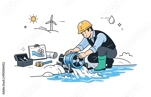 Micro-Hydro Turbine Setup. Installing a micro-hydro turbine. A technician calmly adjusts a small turbine in a stream, focused work and careful setup of