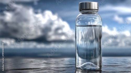 Transparent sealed container holding clear liquid rests upon a wet surface beneath a dramatic sky
