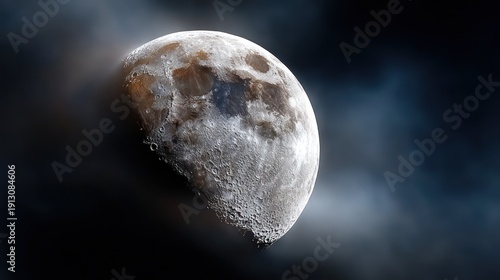 Detailed  view captures a crescent celestial body partially obscured by atmospheric haze against a dark void.