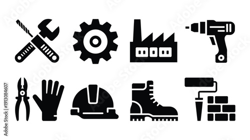 Industrial labor day silhouette logo icons set including tools and protective gear on white background for business and industry concepts