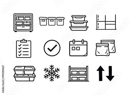   Freezer organization. Line outline icon set of freezer organization: organized freezer,