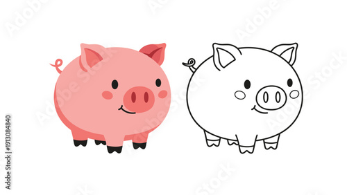 Charming illustration featuring a cute cartoon pig in full color alongside its black and white outline version, ideal for coloring.