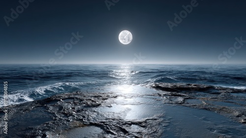 Bright full moon illuminates dark ocean waters reflecting light onto jagged shoreline rocks
