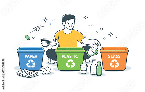 Sorting recyclables. A person calmly separating paper, plastic, and glass into labeled recycling bins, showing mindful everyday