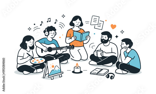 Creative Gathering. Life through artistic expressions (art, poetry, music). Group of people sharing art, reading poems, and listening to music together. Warm