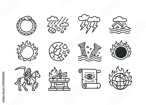    Mythical Cataclysm. Line icon set of Mythical Cataclysm: world serpent, falling sky, divine lightning, ancient flood, burning sun, shattered