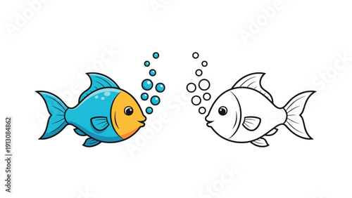 Adorable cartoon fish cheerfully blowing bubbles, presented in a vibrant colored version and a clear black and white outline.