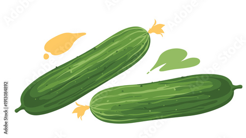 Fresh and vibrant illustration of two green cucumbers, each still adorned with its delicate yellow flower, symbolizing natural freshness.