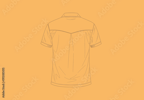 Back view of a shortsleeved collared shirt with western yoke detail.