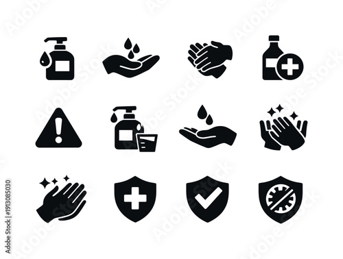   Sanitizer safety use. Filled icon set of Sanitizer safety use: sanitizer bottle, apply drops
