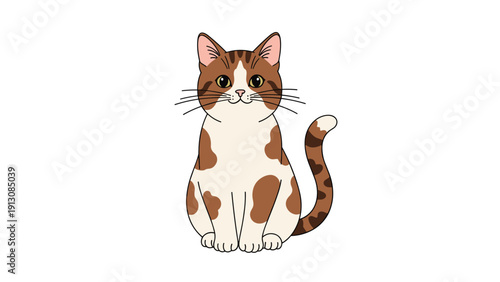 Adorable cartoon cat with distinctive brown and white spotted fur, sitting calmly and looking directly at the viewer.