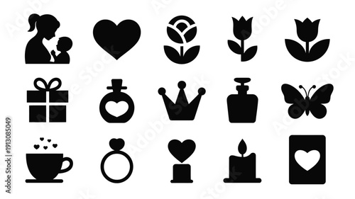 Mother's day silhouette logo bundle with hearts flowers gifts and beauty icons on white background