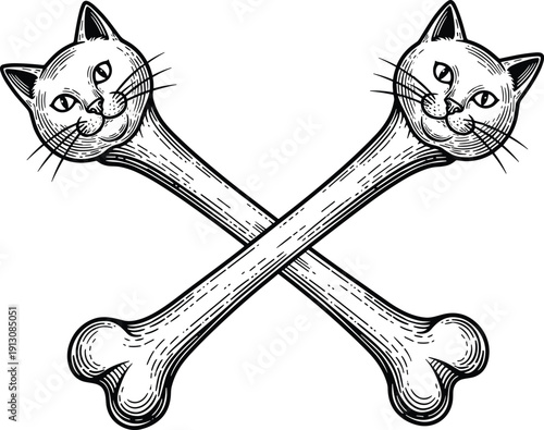 Crossed cat bones vintage engraving style illustration gothic animal skull symbol isolated on white background hand drawn vector - flat vector illustration
