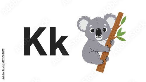 Engaging alphabet learning image featuring the uppercase and lowercase letter Kk alongside an adorable koala hugging a tree branch.
