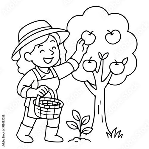 A lovely scene of a gardener reaching up to pick apples from a fruit tree into a basket. Ideal for seasonal harvest and orchard-themed designs.