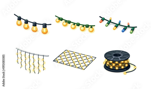 StringLights. Isometric flat vector icons set of StringLights: vintage bulb string, warm yellow lights, mini LED lights, cascading light