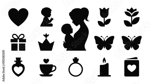 Mother's day silhouette logo bundle black icons for greeting cards gifts and celebrations