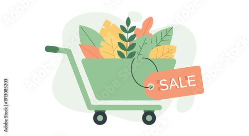 Green Shopping Cart with Vegetables and Sale Tag.