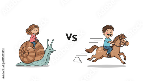 Amusing visual comparison illustrating the concepts of slow and fast, featuring a girl riding a snail and a boy on a horse.