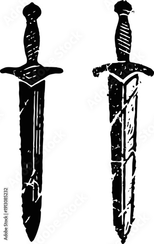 Black vintage medieval swords silhouette set ancient weaponry design with detailed hilts and blades historical armory symbols