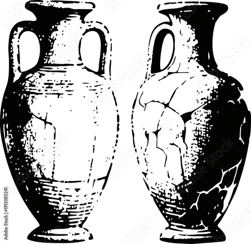 Ancient cracked clay amphora vases with handles, ceramic vessels illustration in black and white