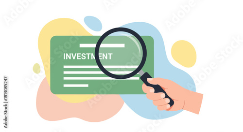 Hand holding magnifying glass over investment document.