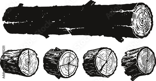 Hand drawn black and white wood log and cut tree trunk cross sections with detailed rings and bark textures