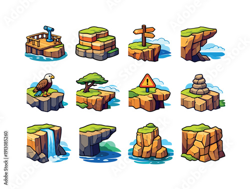 Cliff Icon Set. Cliff Landscapes. Colorful isometric vector icons set of Cliff Landscapes: scenic lookout, layered rock, cliff trail sign, dramatic overhang,