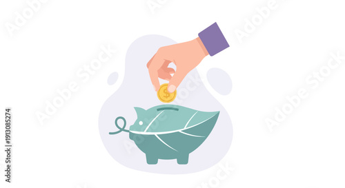 Hand Inserting Coin into Green Piggy Bank.