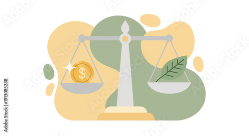 Illustration of a Balance Scale with Coin and Leaf.