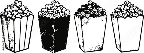 Four vintage popcorn containers with different shading and texture, retro snack illustration