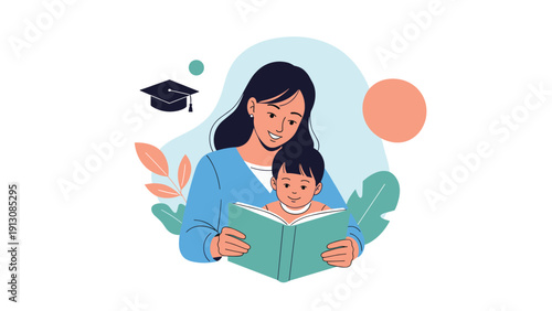 Heartwarming illustration of a loving mother reading a book to her baby, symbolizing early childhood education and maternal bonding.