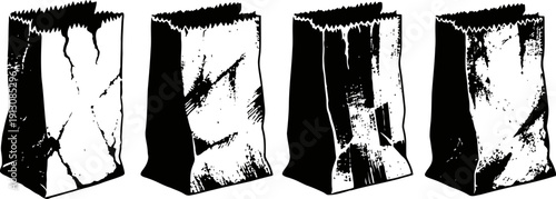 Four vintage paper bags with creases and wrinkles, isolated design elements in black and white