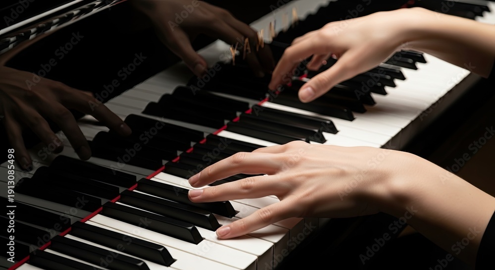 Obraz premium Two hands playing a grand piano.