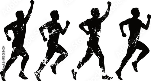 silhouettes of male runners in different jogging and sprinting poses on white background