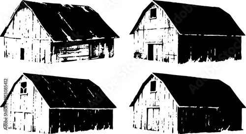 Old wooden barns silhouettes in various vintage rustic shapes collection