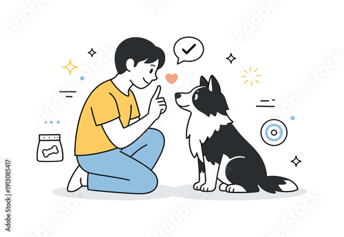 Bonding through pet training. A person and pet making eye contact during a training moment, symbolizing connection, patience, and mutual