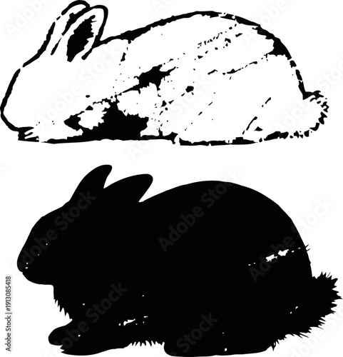 Black and white rabbit silhouettes set domestic bunny animals in resting position, wild mammals illustration