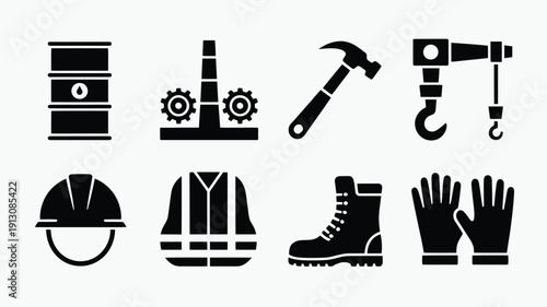 Engineering equipment icons including hard hat safety vest glove boot hammer and industrial tools in black silhouette on white background for construction and industry concepts
