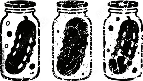 Three jars of pickles with different textures and preservation styles in black and white illustration
