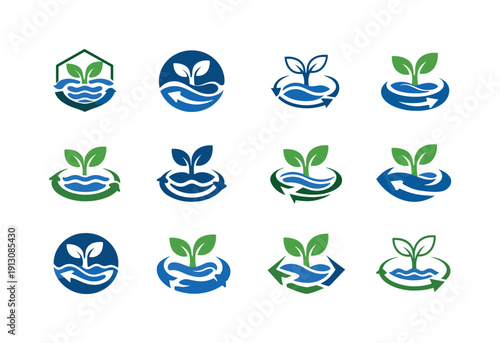Hydroponic markets. Icon set. Set Logo of hydroponic markets: nutrient water circulation. harmonious logo variations of the same emblematic
