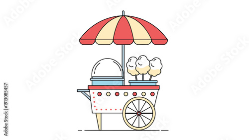 Whimsical and colorful illustration of a charming cotton candy cart with an umbrella, featuring three fluffy treats on sticks.