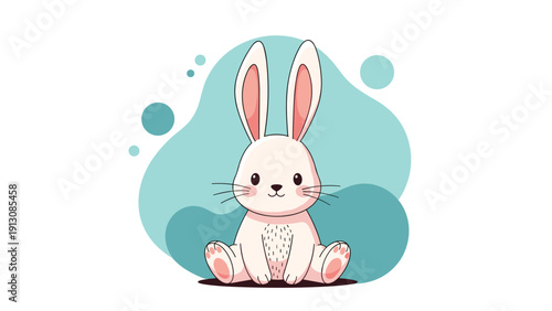 Adorable cartoon rabbit sitting calmly, rendered in soft colors against a gentle blue abstract background.