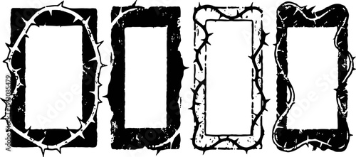 Grunge rectangular frames with thorny barbed wire borders, cracked edges, distressed texture